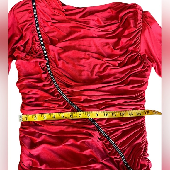 Vintage Claralura Ruched Rhinestone Red Goddess Dress Cocktail Party Made in USA - Picture 13 of 14